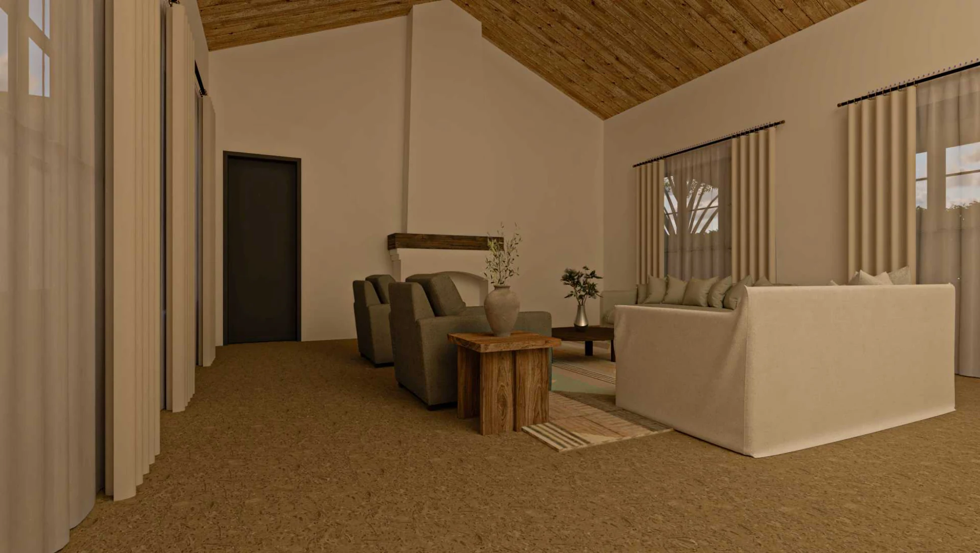 Interior concept visualisation showing seating and a timber-toned ceiling