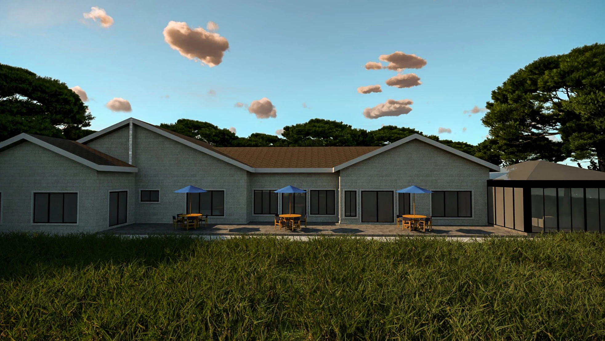 Five-bedroom bungalow concept with a deck between pitched-roof wings
