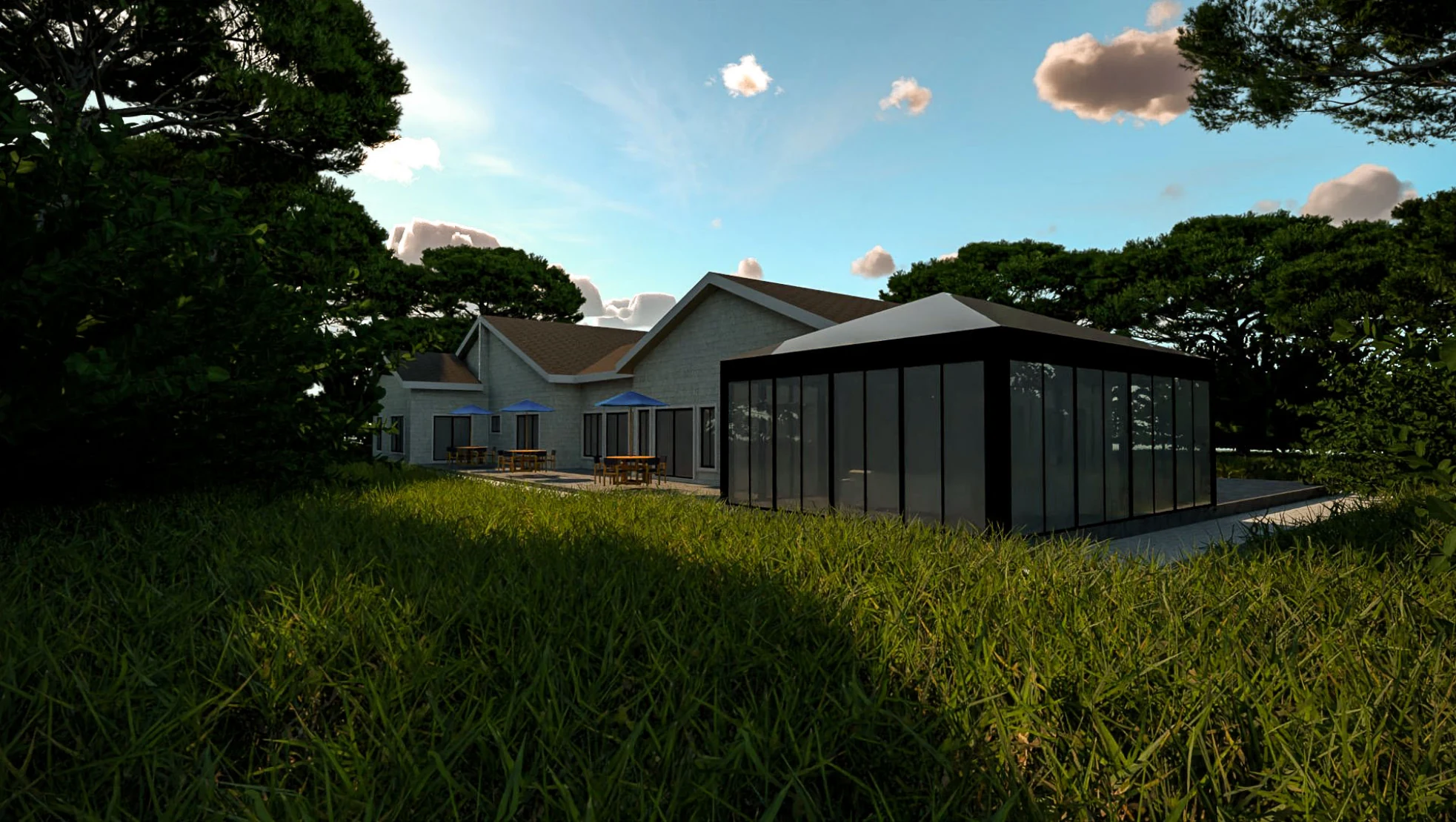 Bungalow visualisation showing a glazed sunroom beside the main house