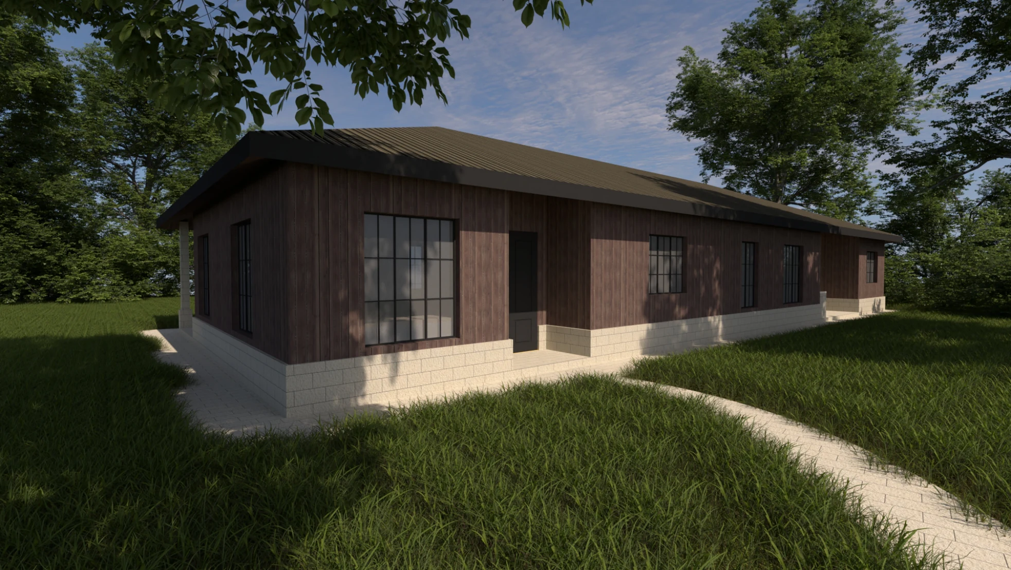 Exterior concept of a three-bedroom bungalow with a pitched roof