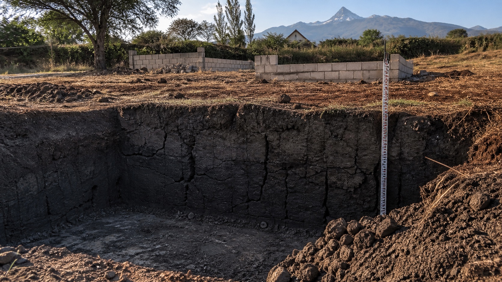 Trial pit showing fissured dark clay soil at a Kenyan building site
